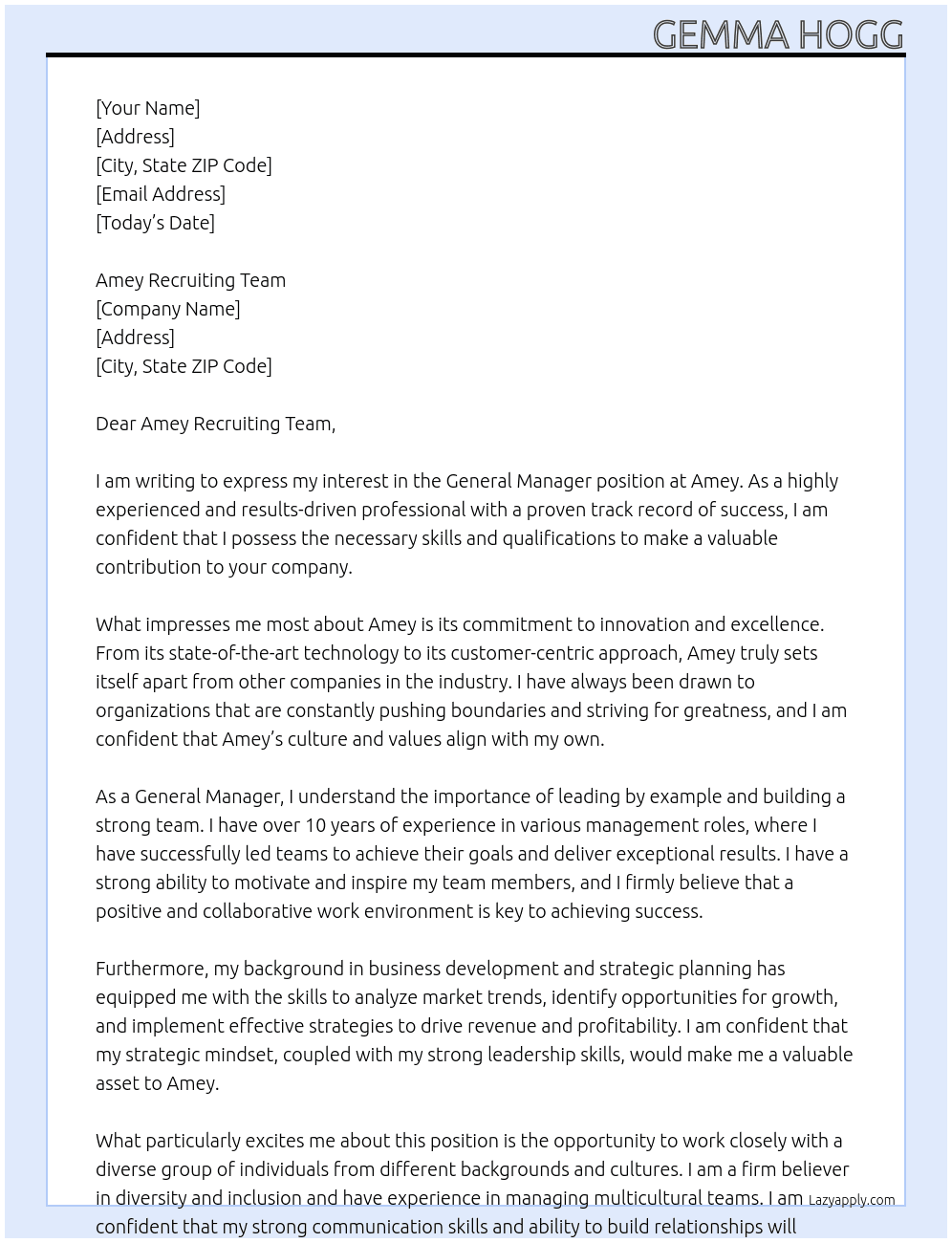 General Manager  At Amey Cover Letter