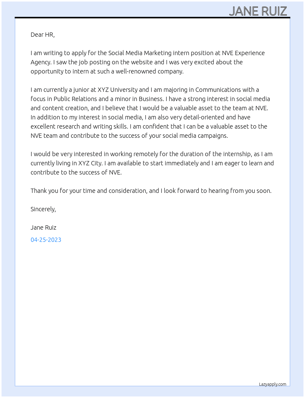 Social Media Marketing intern  At NVE Experience Agency Cover Letter