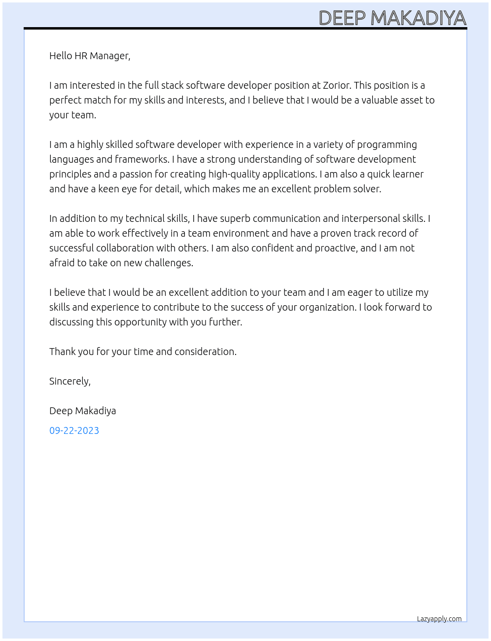 Full stack software developer At Zorior Cover Letter