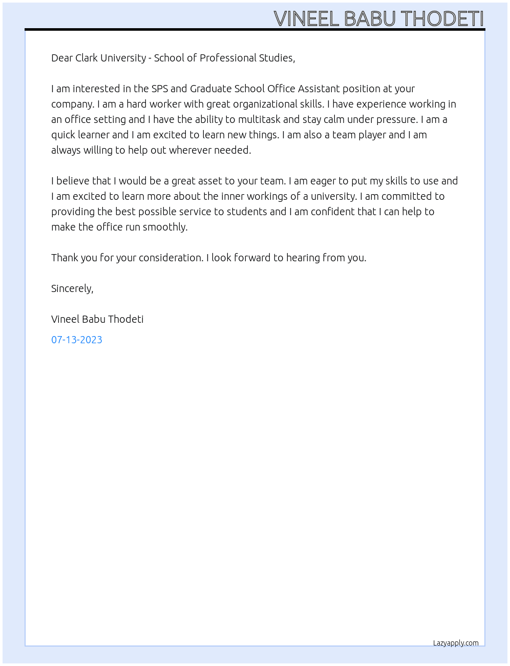 SPS and Graduate School Office Assistant At Clark University - School of Professional Studies Cover Letter