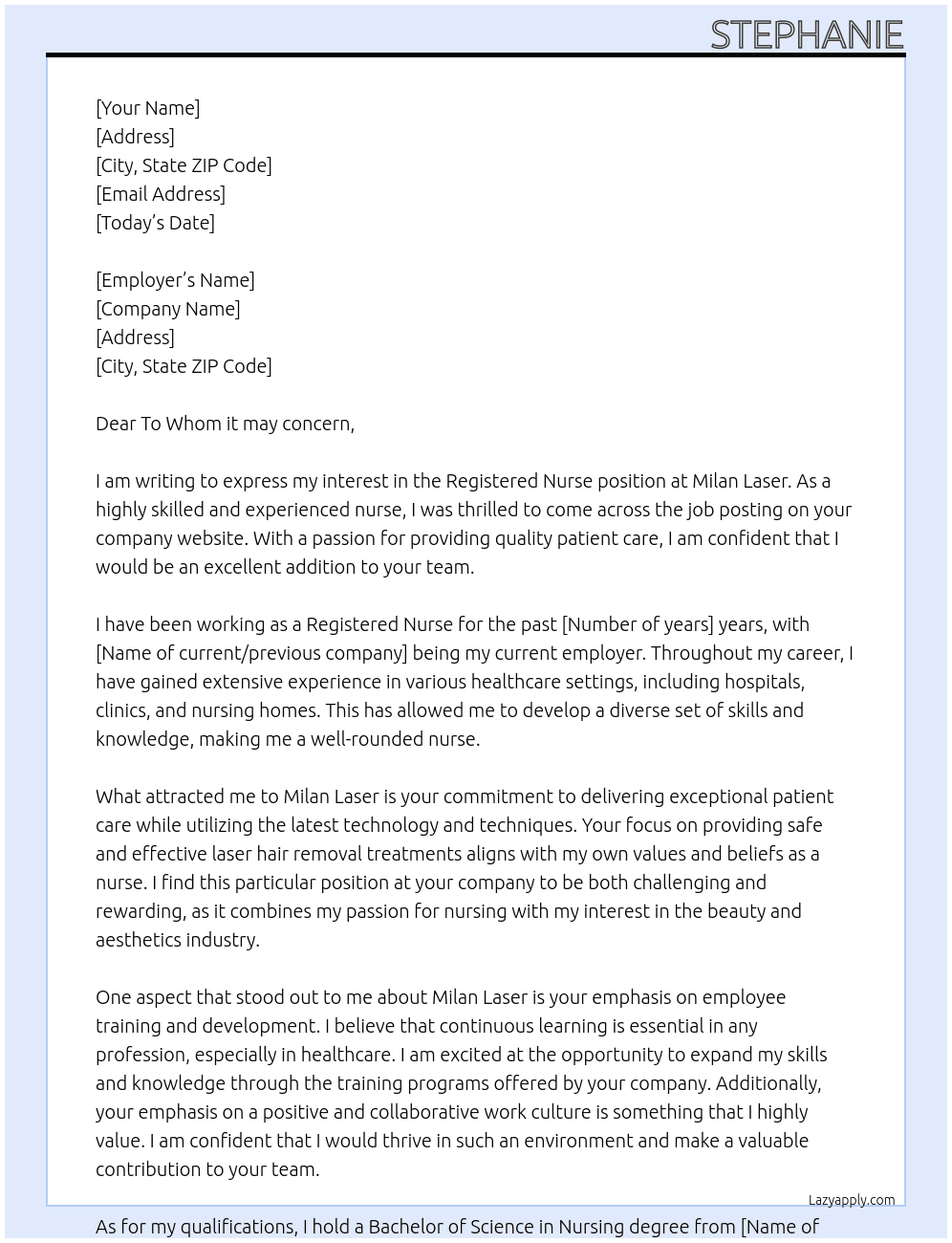 Registered Nurse At Milan Laser Cover Letter