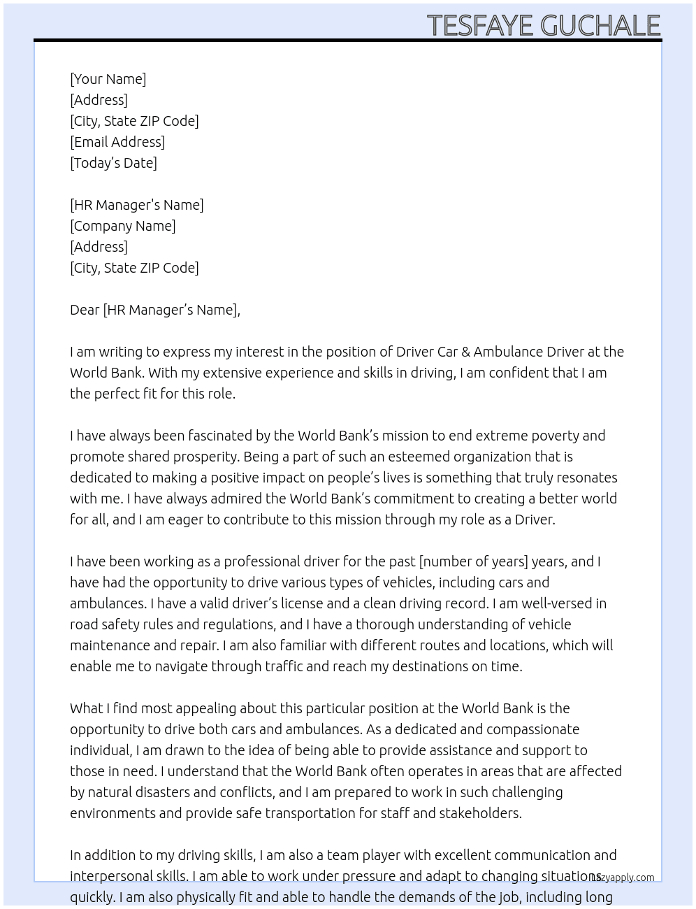 Driver Car & Ambulance Driver  At World Bank  Cover Letter