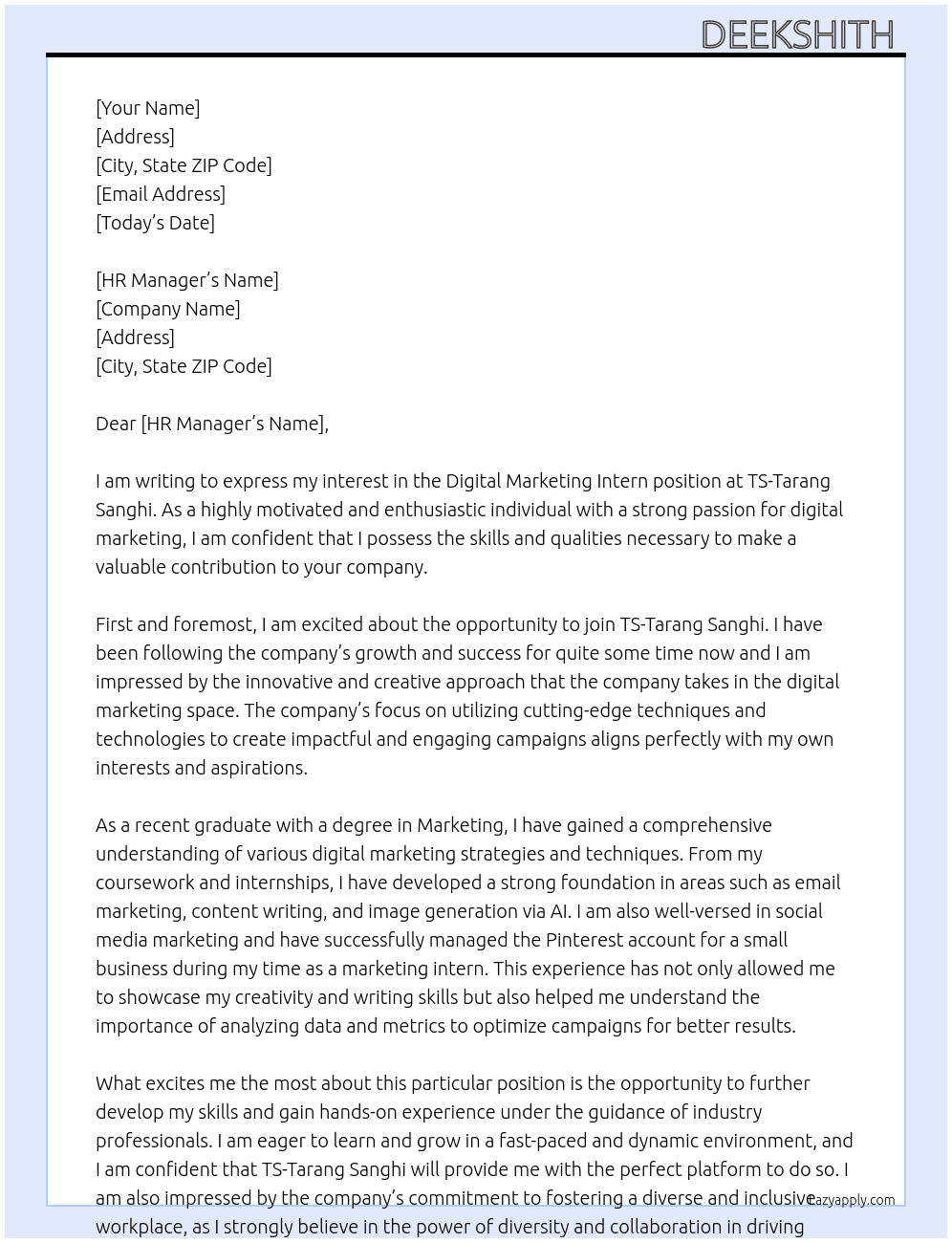 Digital marketing intern At TS-Tarang Sanghi Cover Letter