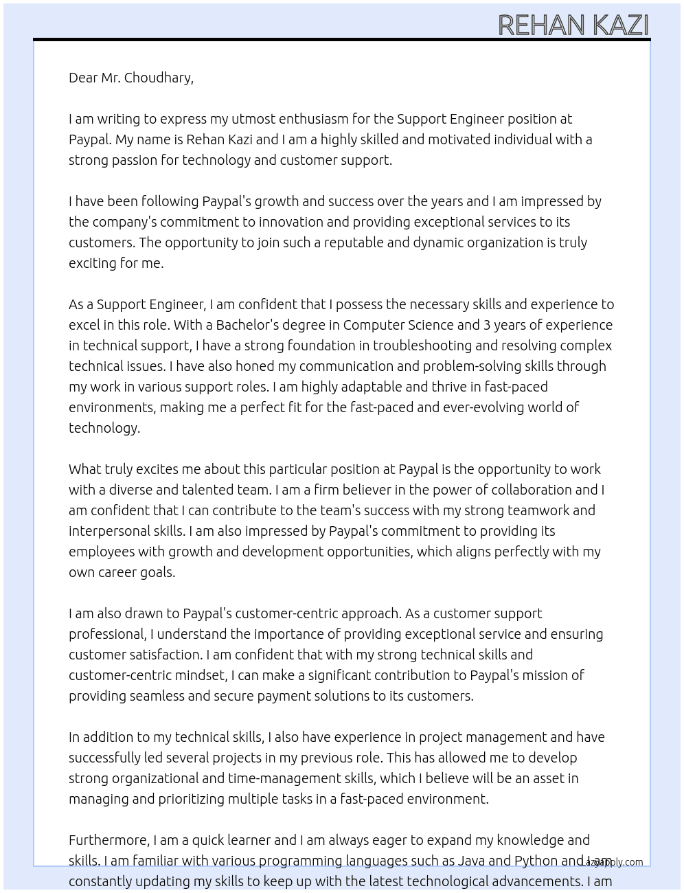 Support Engineer At Paypal Cover Letter