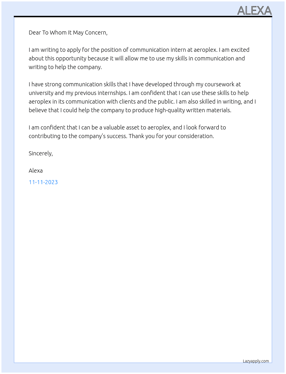 communication intern At aeroplex Cover Letter