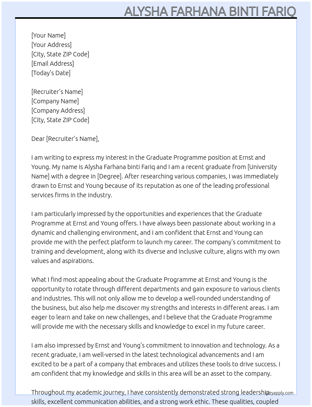 Graduate Programme At Ernst and Young Cover Letter