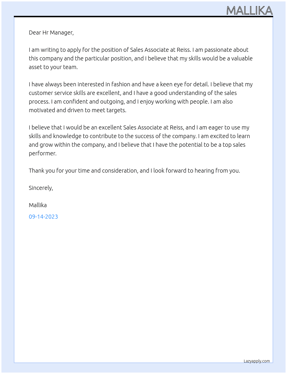 Sales Associate At Reiss Cover Letter