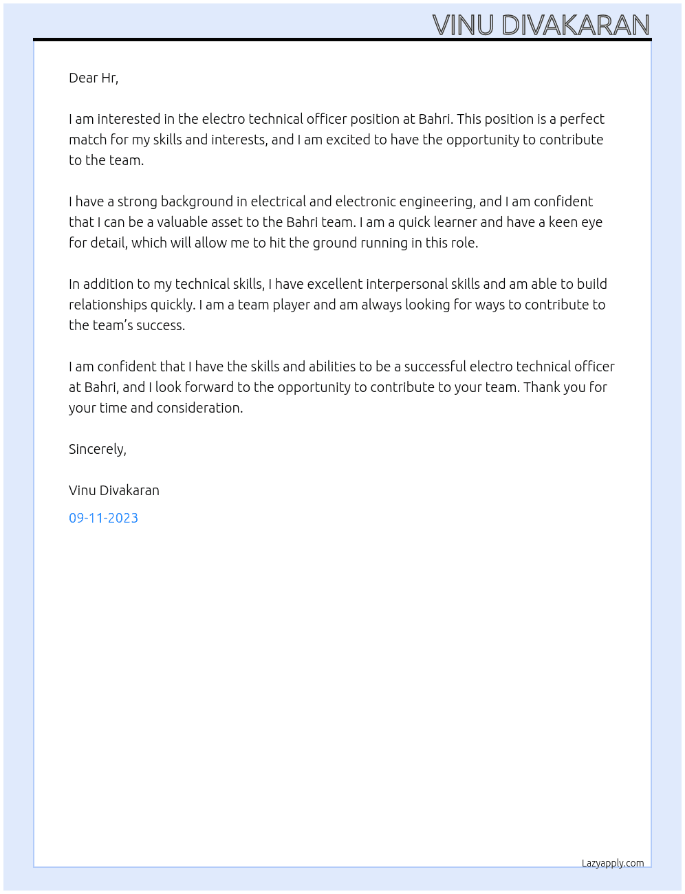 Electro technical officer  At Bahri Cover Letter