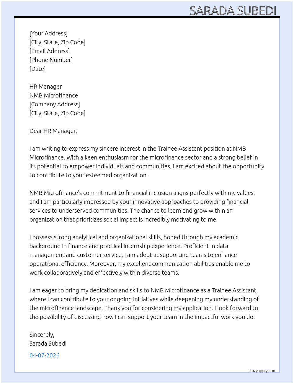 Trainee assistant At NMB Microfinance Cover Letter
