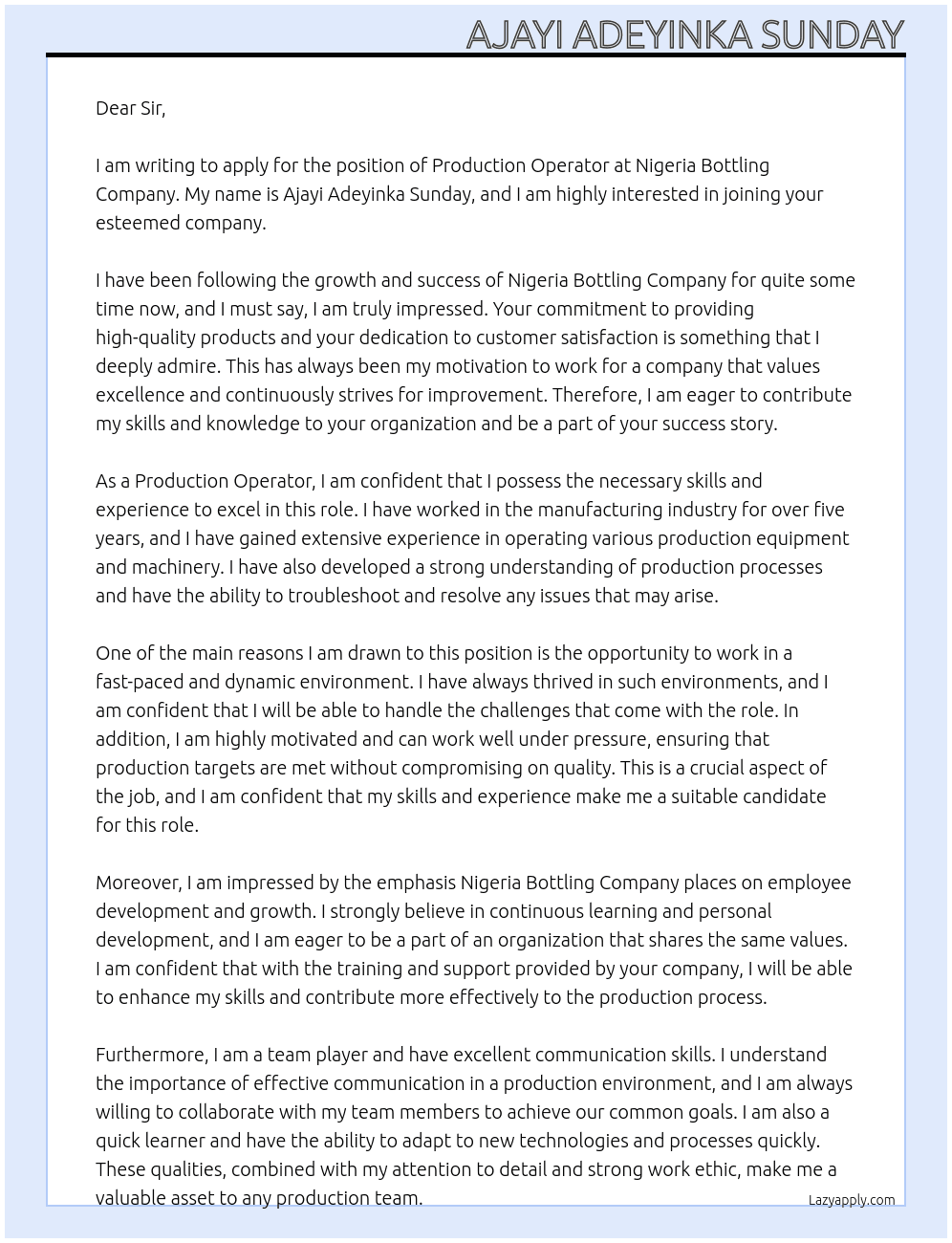 Production operator At Nigeria Bottling company Cover Letter