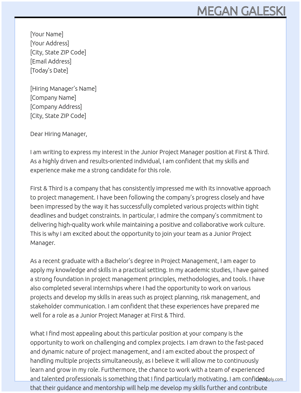 Junior Project Manager At First & Third Cover Letter