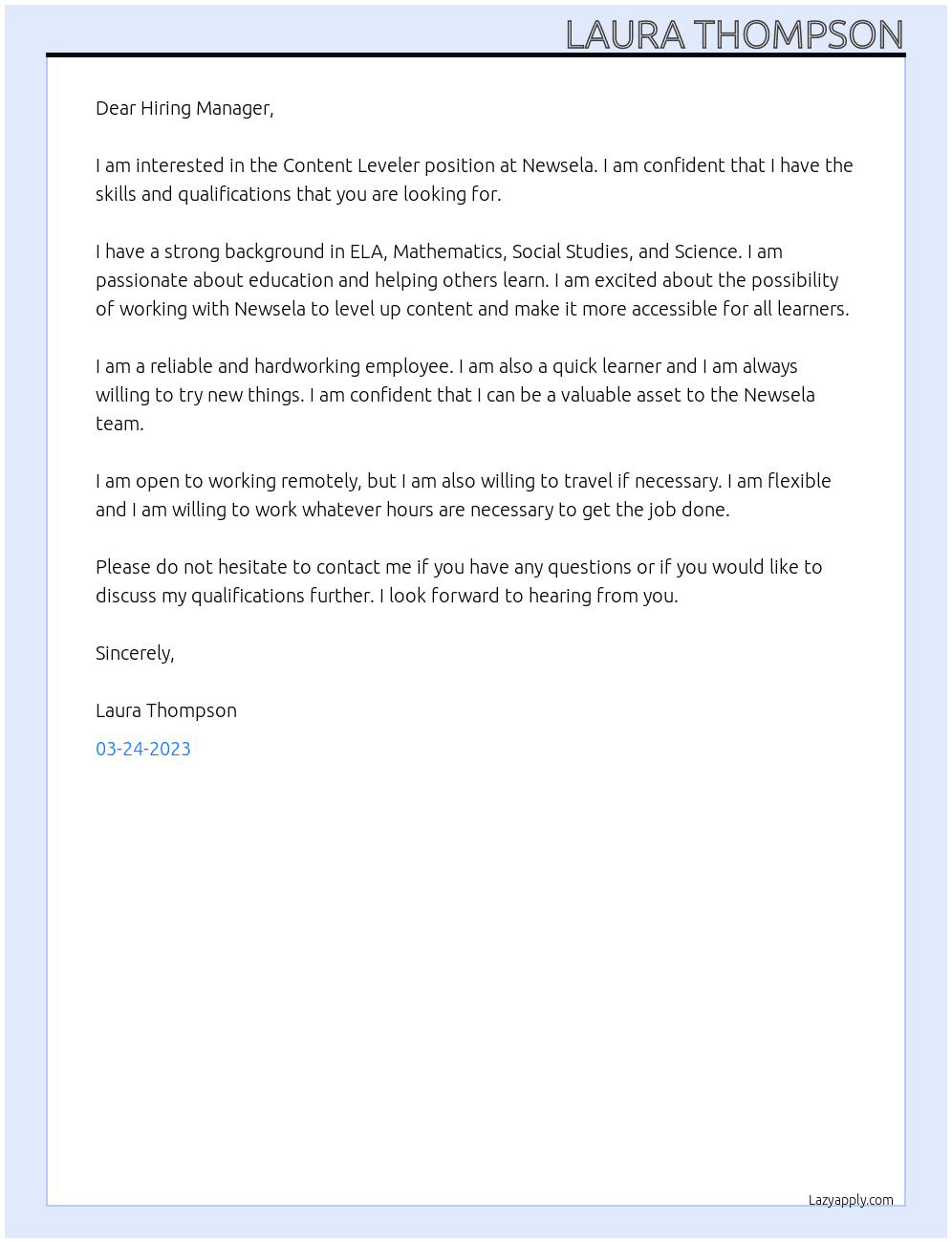 Content Leveler At Newsela Cover Letter