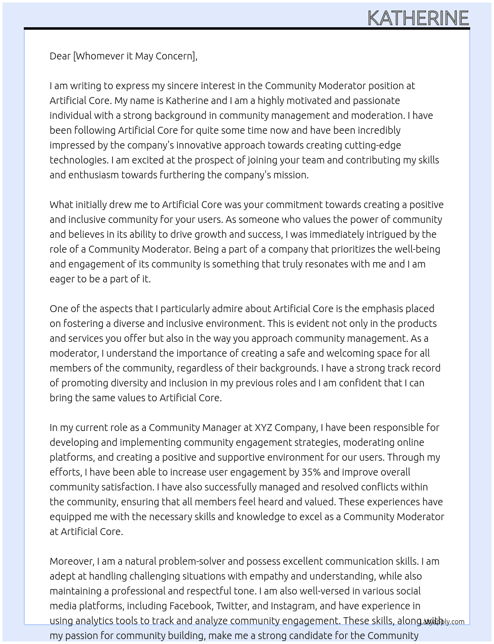 community moderator At artificial core Cover Letter