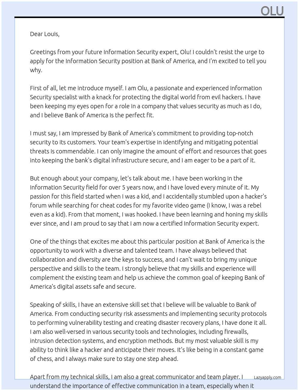 Information Security At Bank Of America Cover Letter