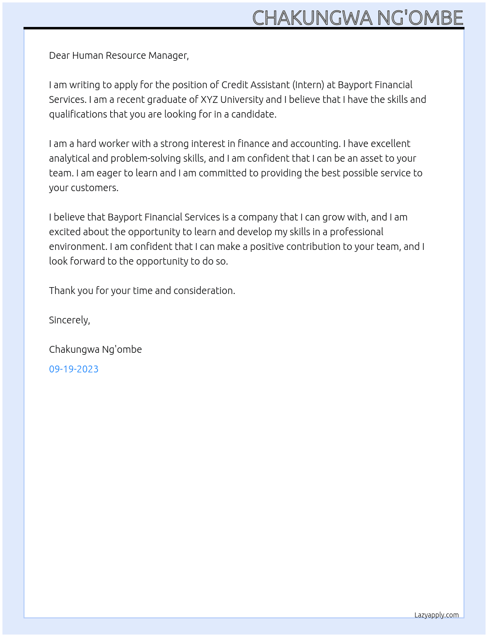 Credit Assistant (Intern) At Bayport Financial Services Cover Letter