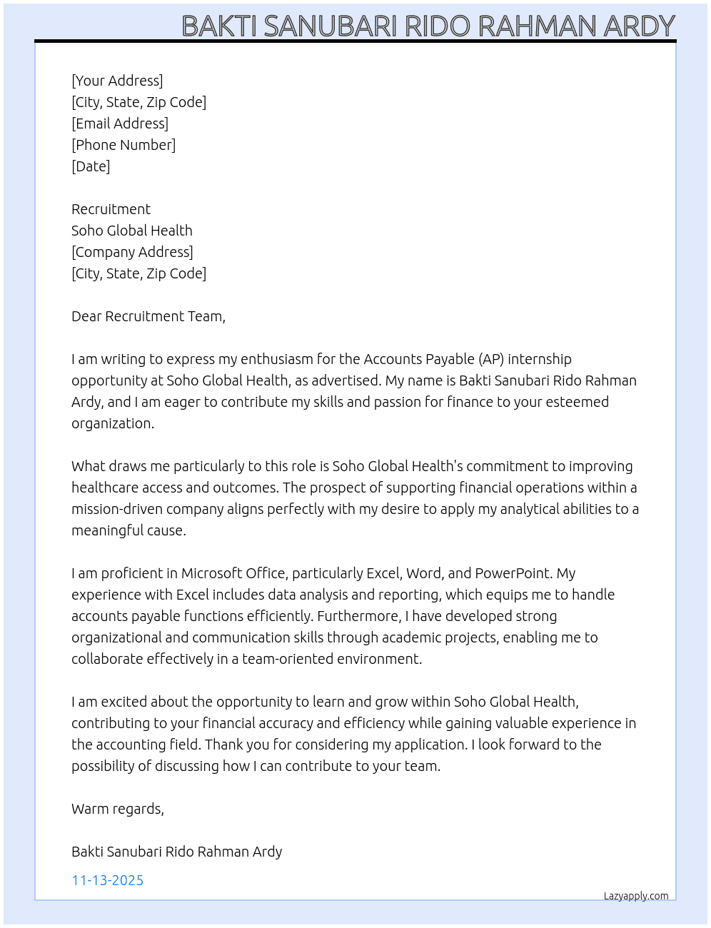 Account Payable (AP) At Soho Global Health Cover Letter