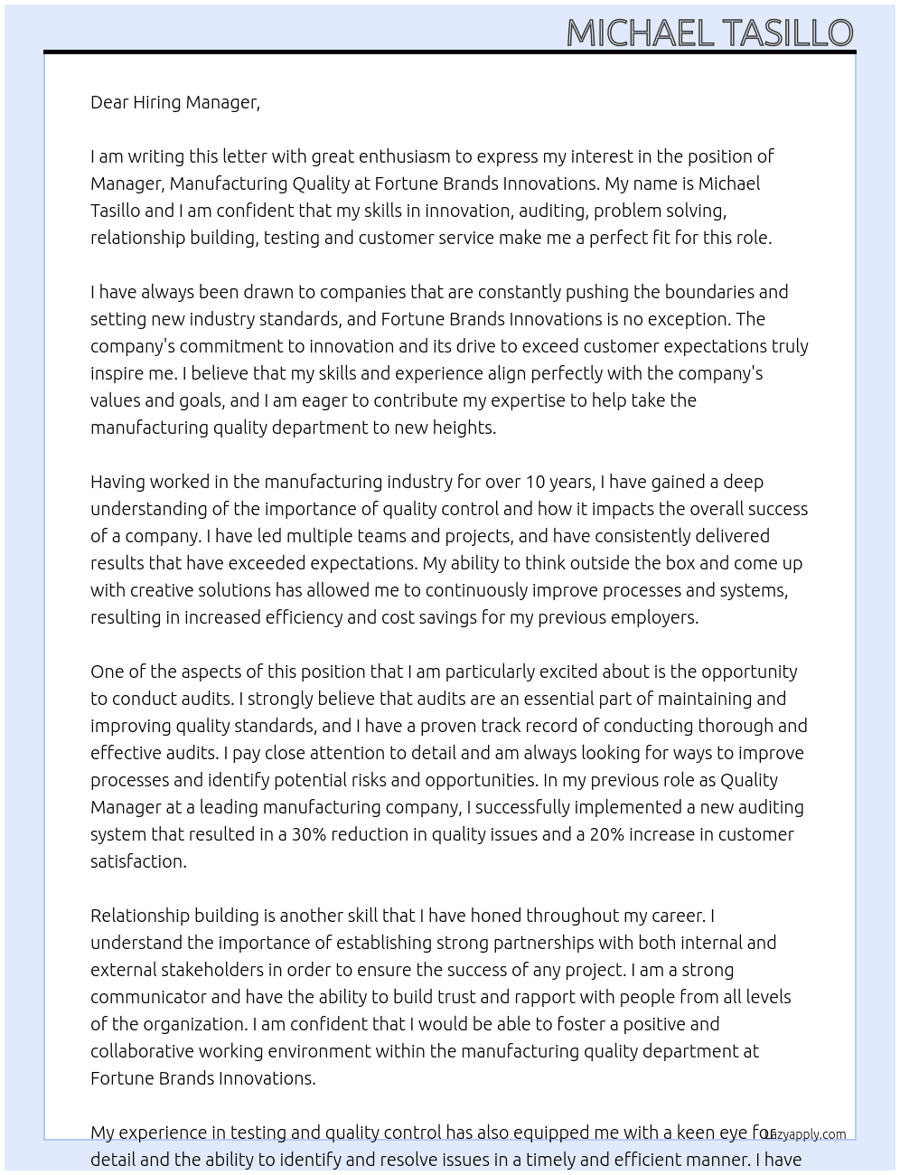 Manager, Manufacturing Quality At Fortune Brands Innovations Cover Letter