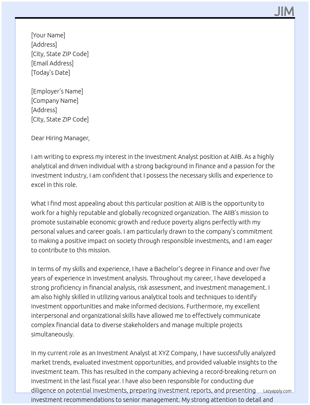 Investment analysts  At AIIB Cover Letter