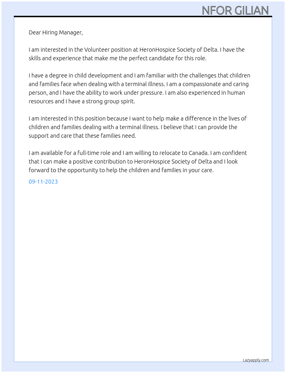 Volunteer  At HeronHospice Society of Delta Cover Letter