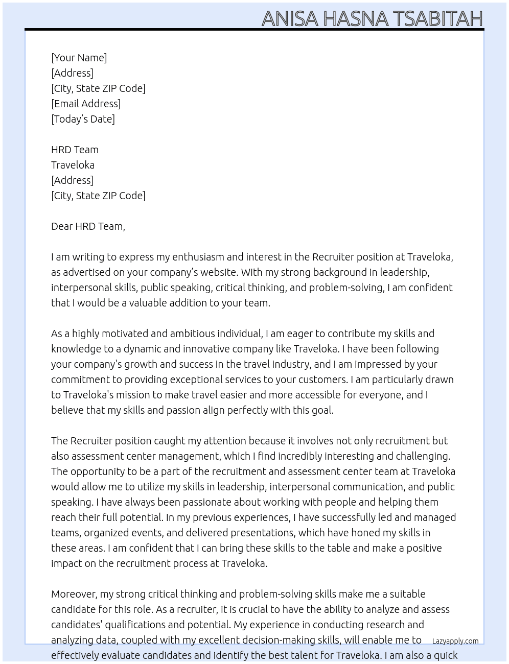Recruiter At Traveloka Cover Letter