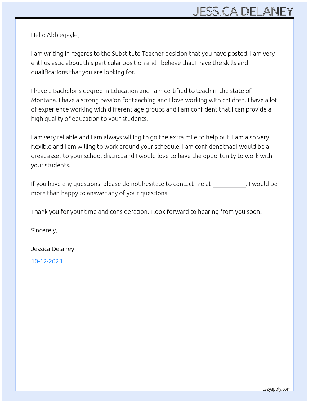 Substitute Teacher At Ronan School District Cover Letter