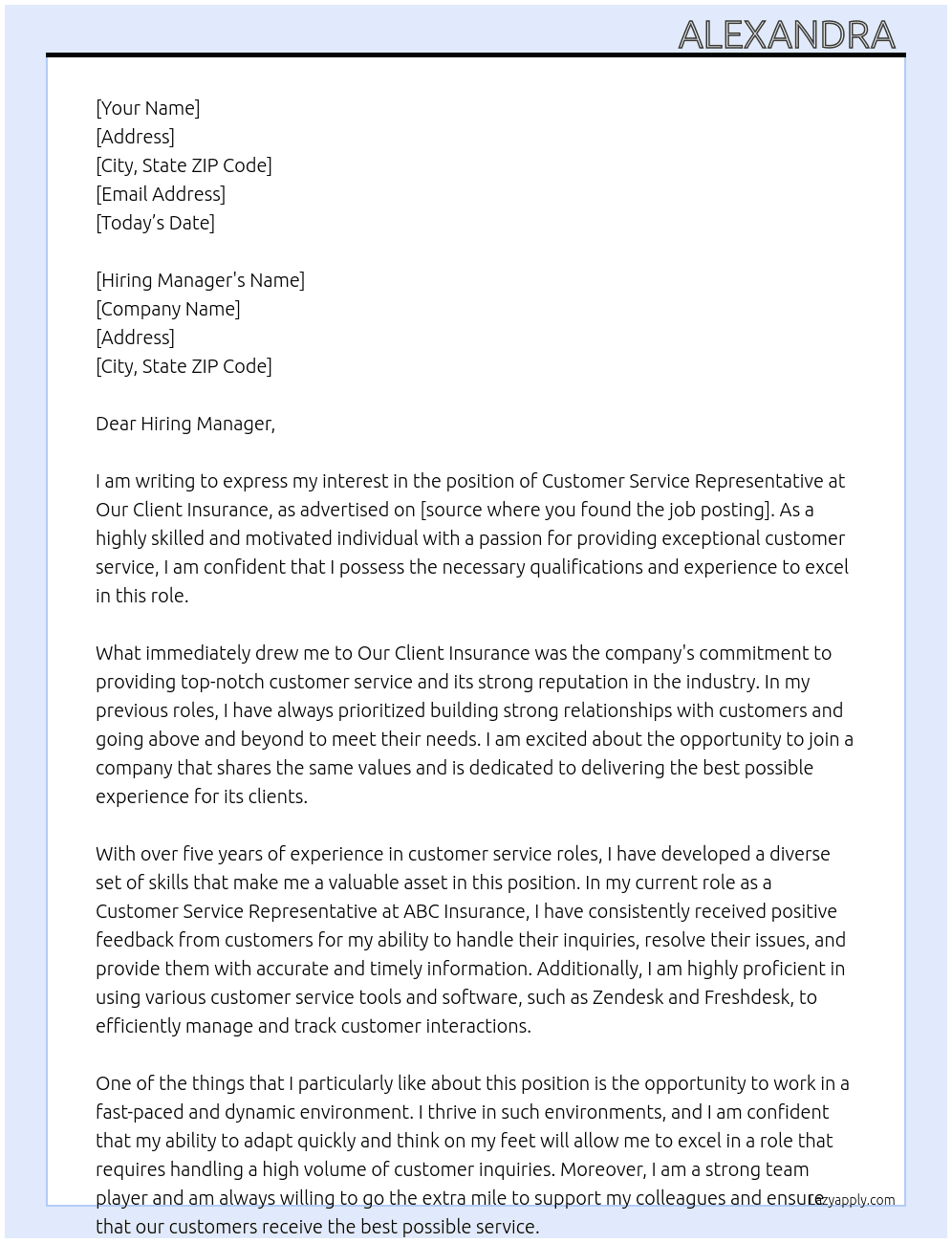 Customer Service Representative At Our Client Insurance  Cover Letter