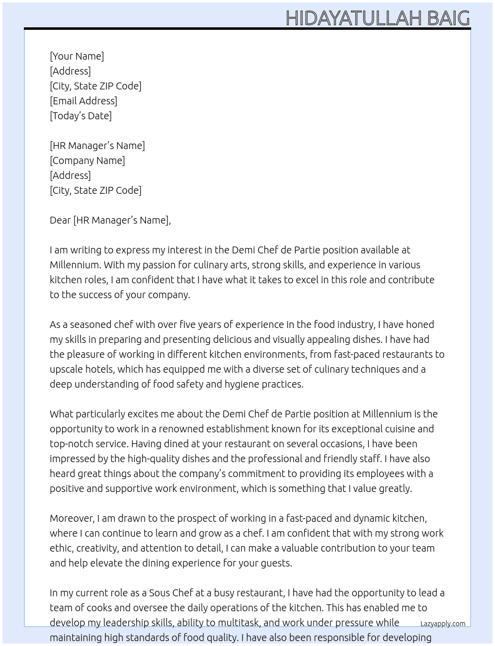 Demi chef de partie At Millennium  Cover Letter