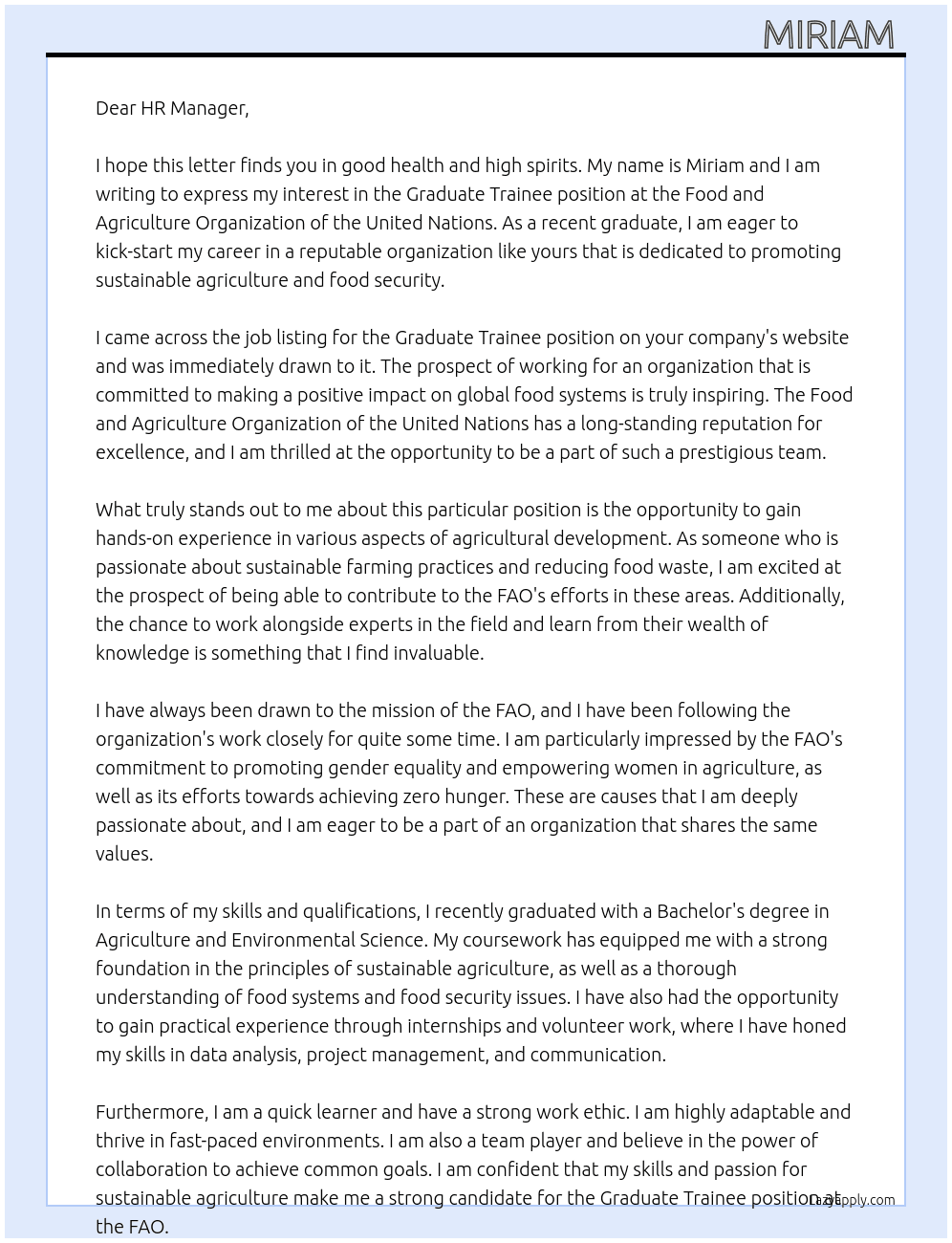 Graduate trainee  At Food and Agriculture organization of the united nation  Cover Letter