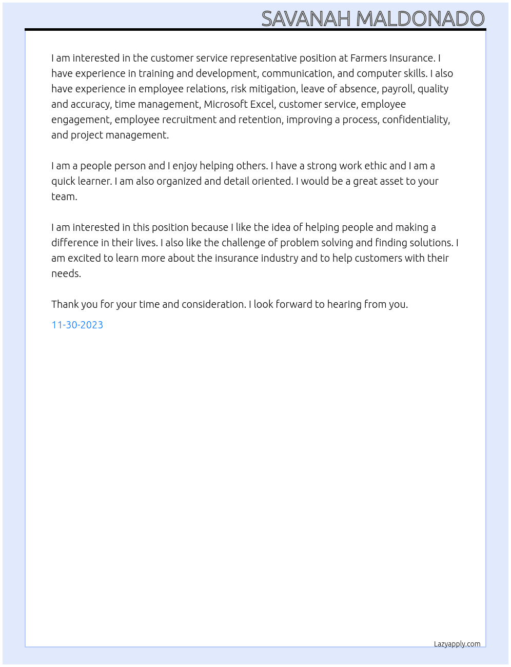 Customer Service Representative At Farmers Insurance Cover Letter