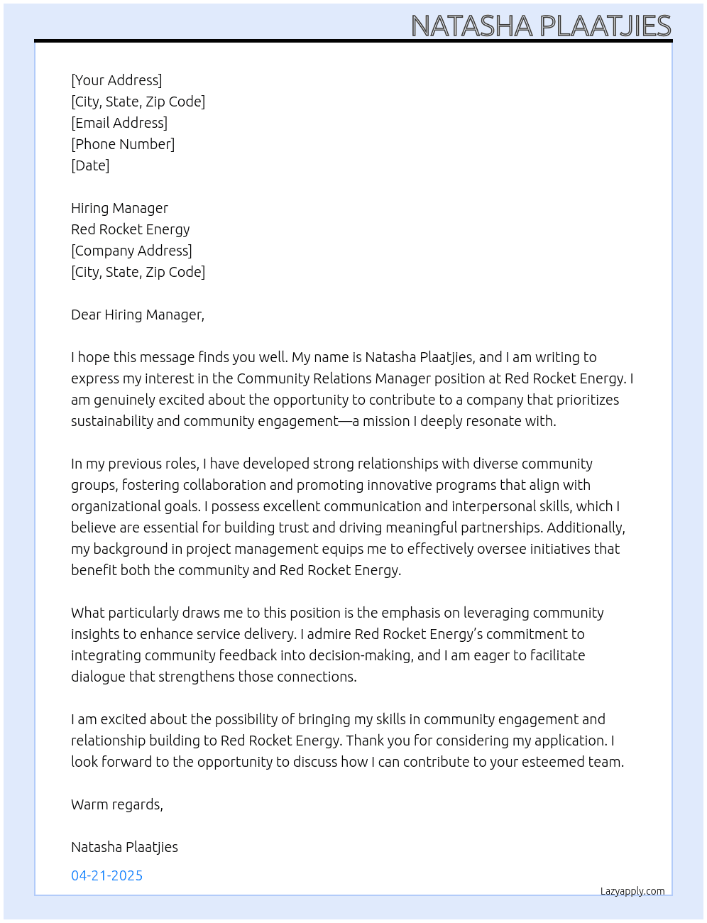 Community Relations Manager At Red Rocket Energy Cover Letter