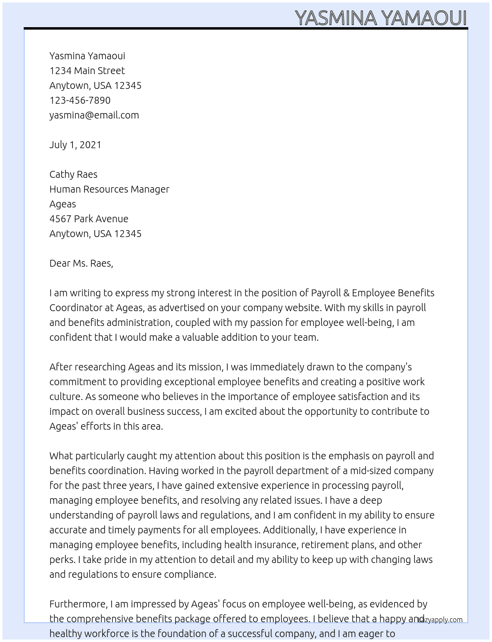 Payroll & Employee Benefits Coordinator At Ageas Cover Letter