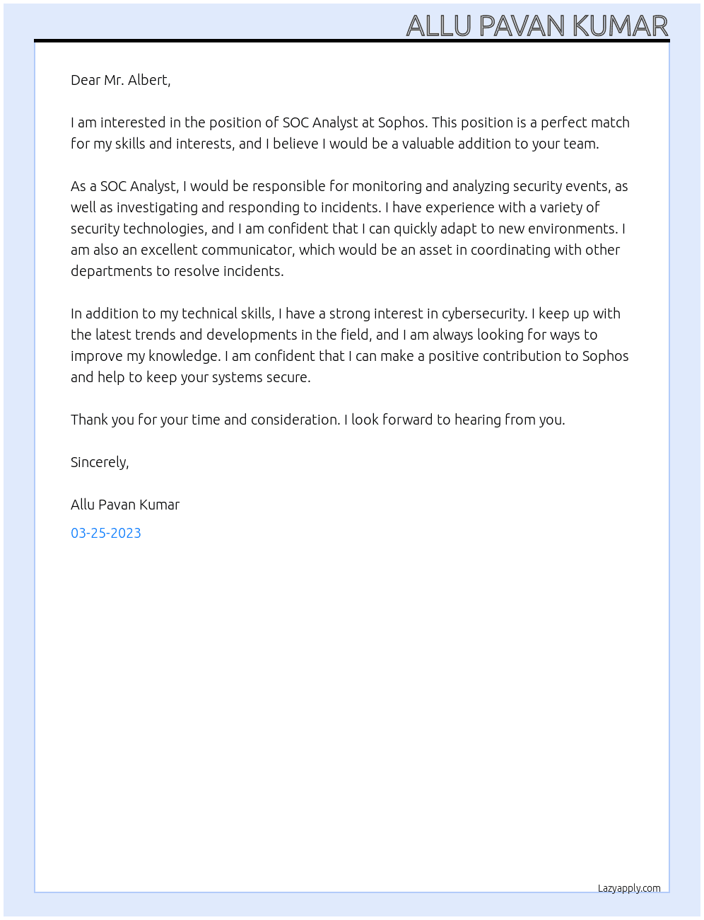 soc analyst At sophos Cover Letter
