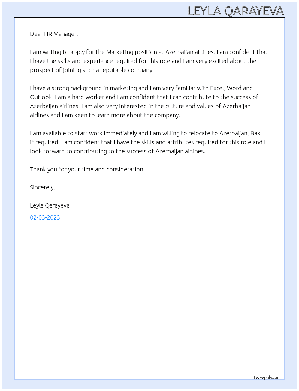 Marketing at airlines At Azerbaijan airlines Cover Letter