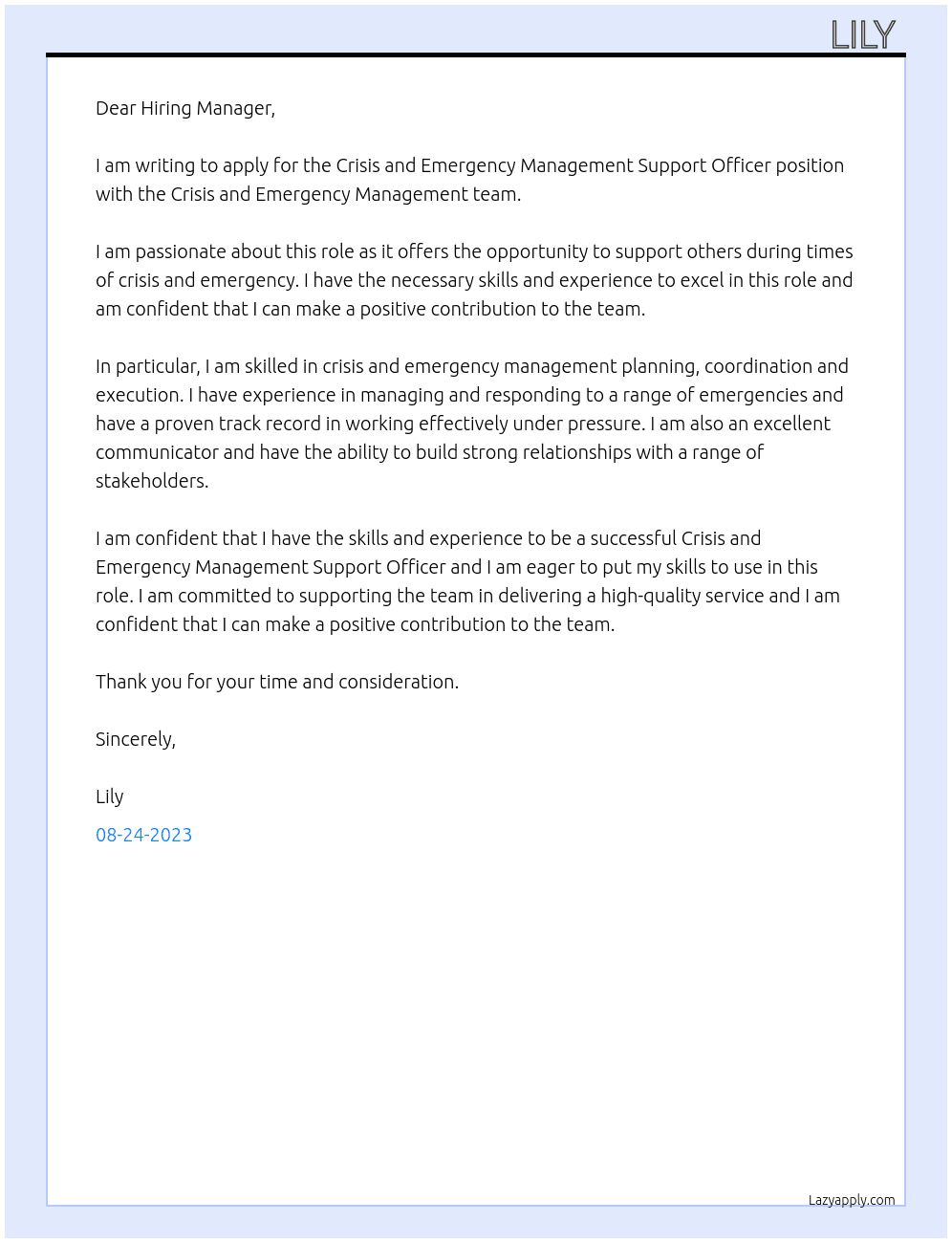 Crisis and Emergency  Management Support Officer At the Crisis and Emergency Management team  Cover Letter