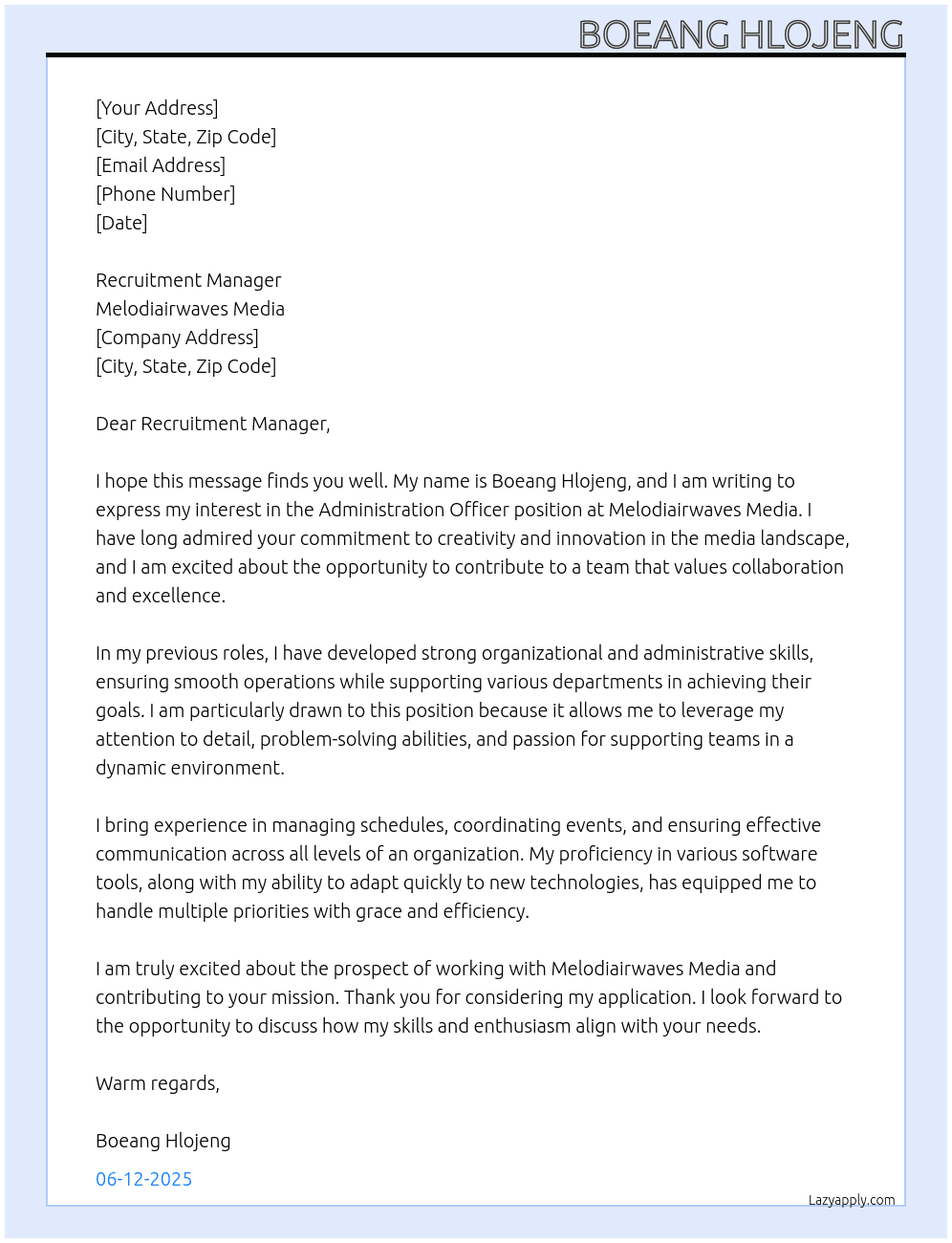 Administration Officer  At Melodiairwaves Media Cover Letter