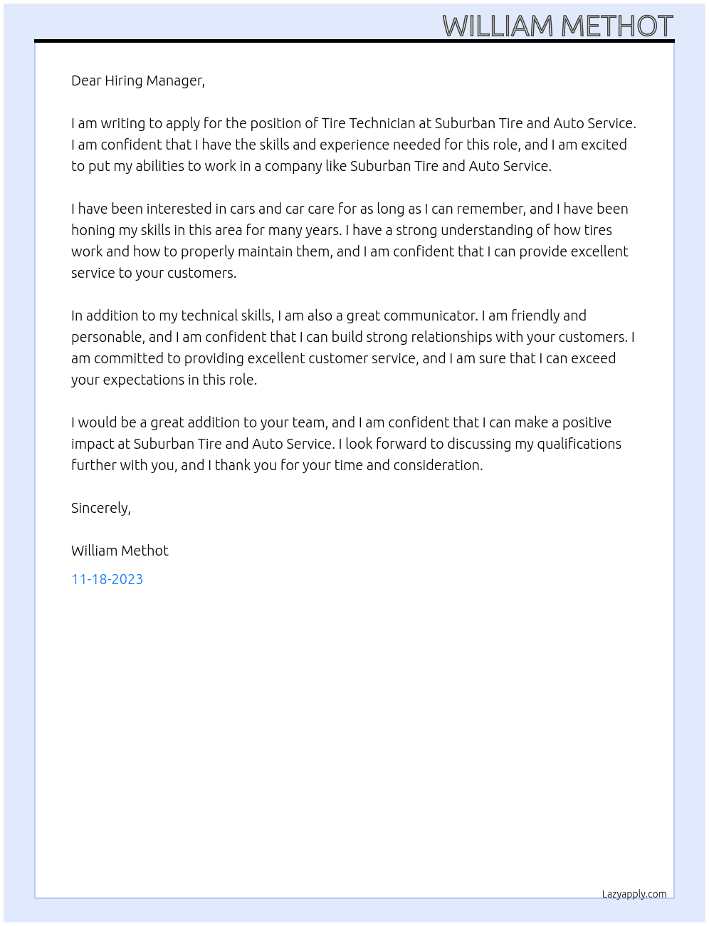 Tire Technician At Suburban Tire and Auto Service  Cover Letter