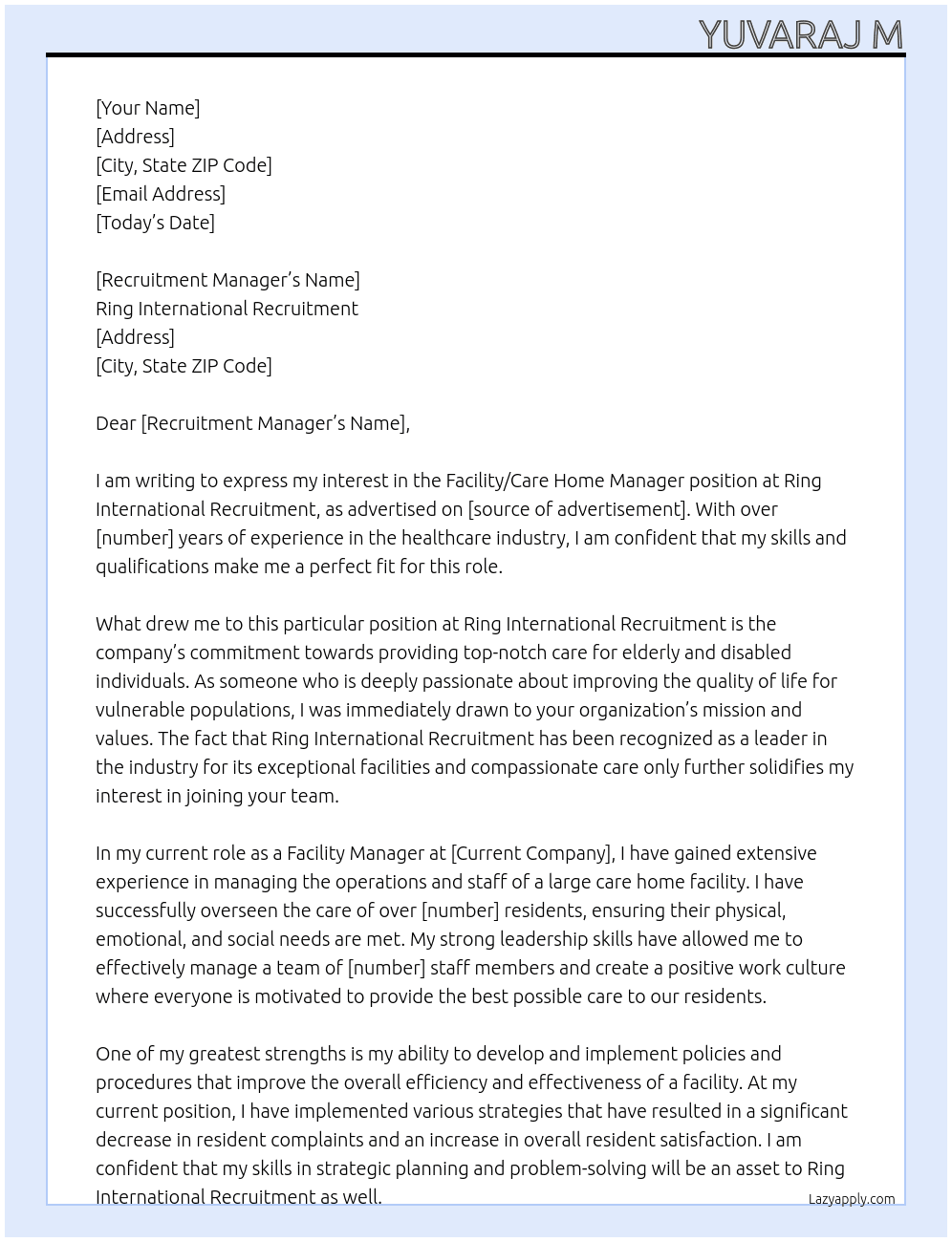 Facility / Care Home Manager At Ring International Recruitment Cover Letter