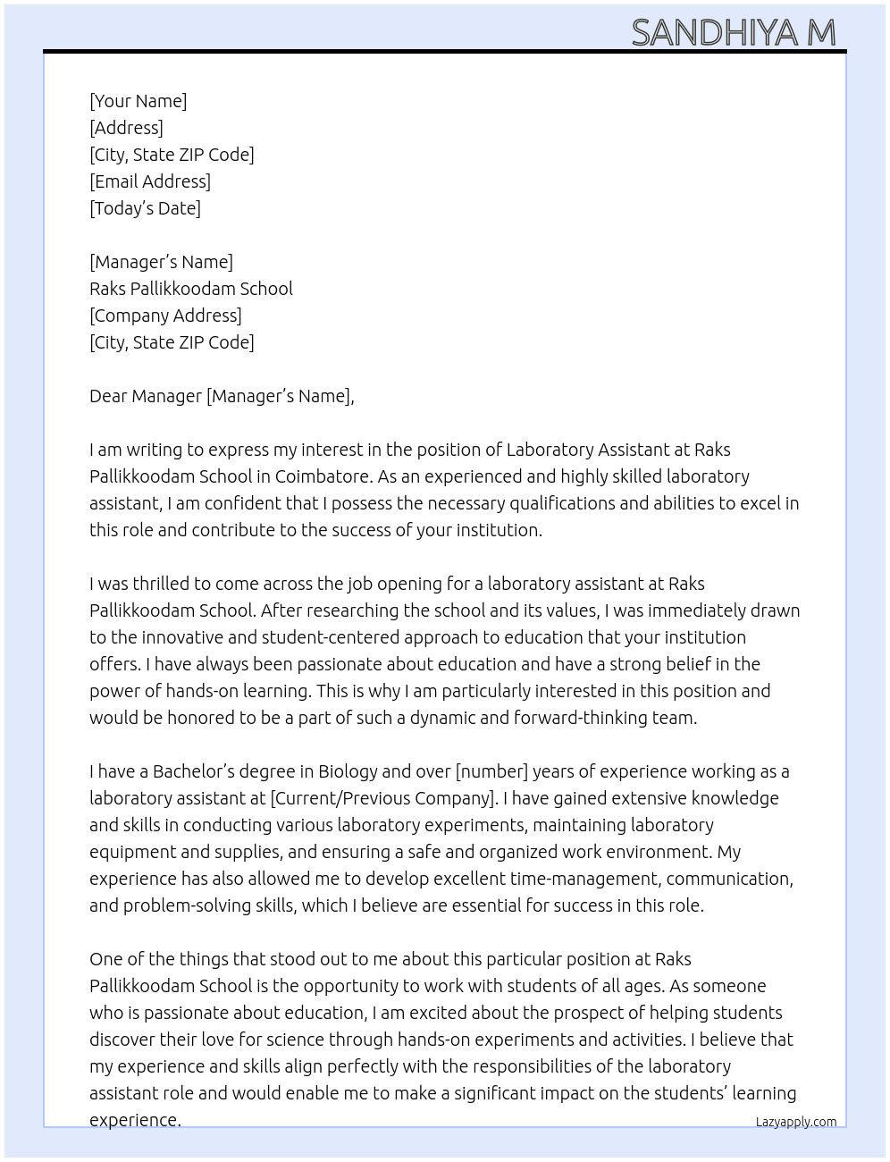Laboratory assistant  At Raks pallikkoodam school , coimbatore  Cover Letter