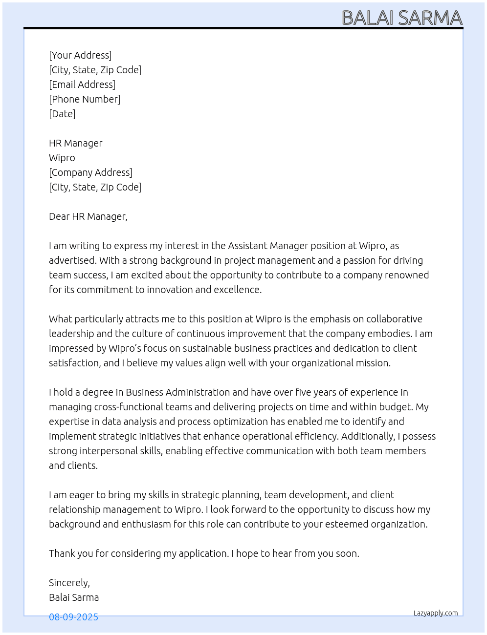 Assistant manager At Wipro Cover Letter