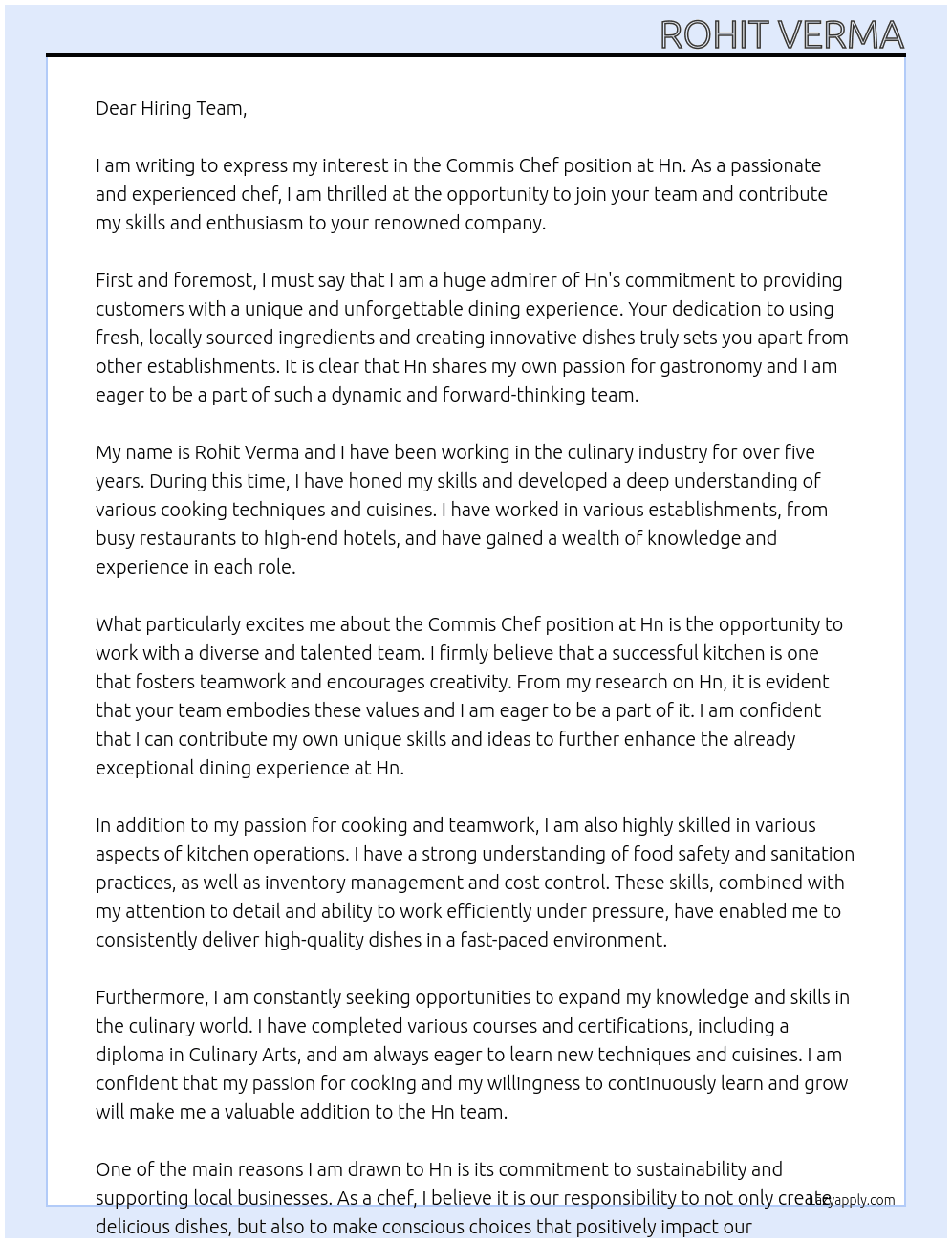 Commis chef At Hn Cover Letter