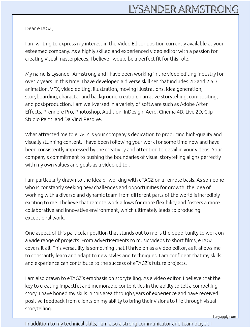 Video editor  At eTAGZ Cover Letter
