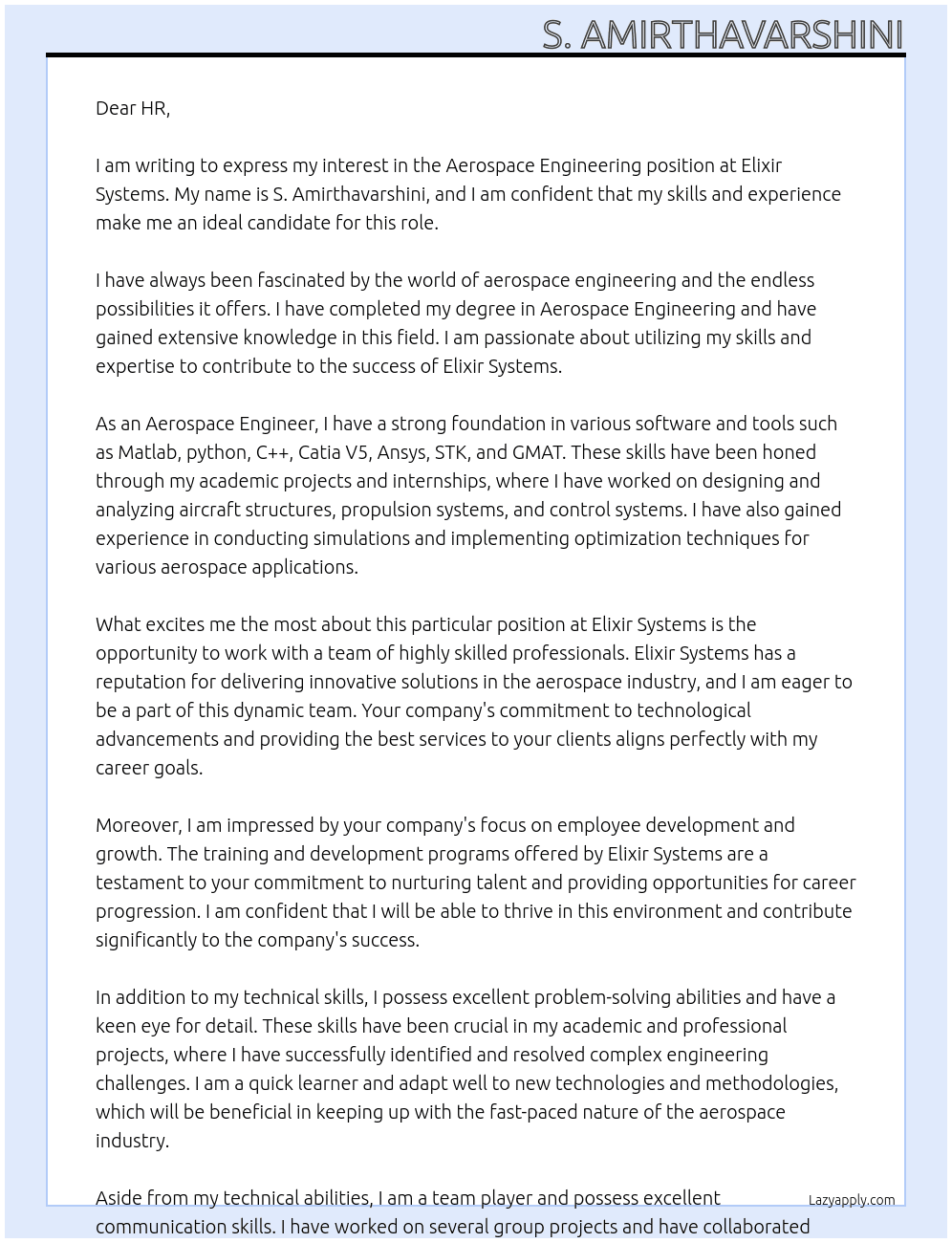 Aerospace Engineering At Elixir Systems Cover Letter