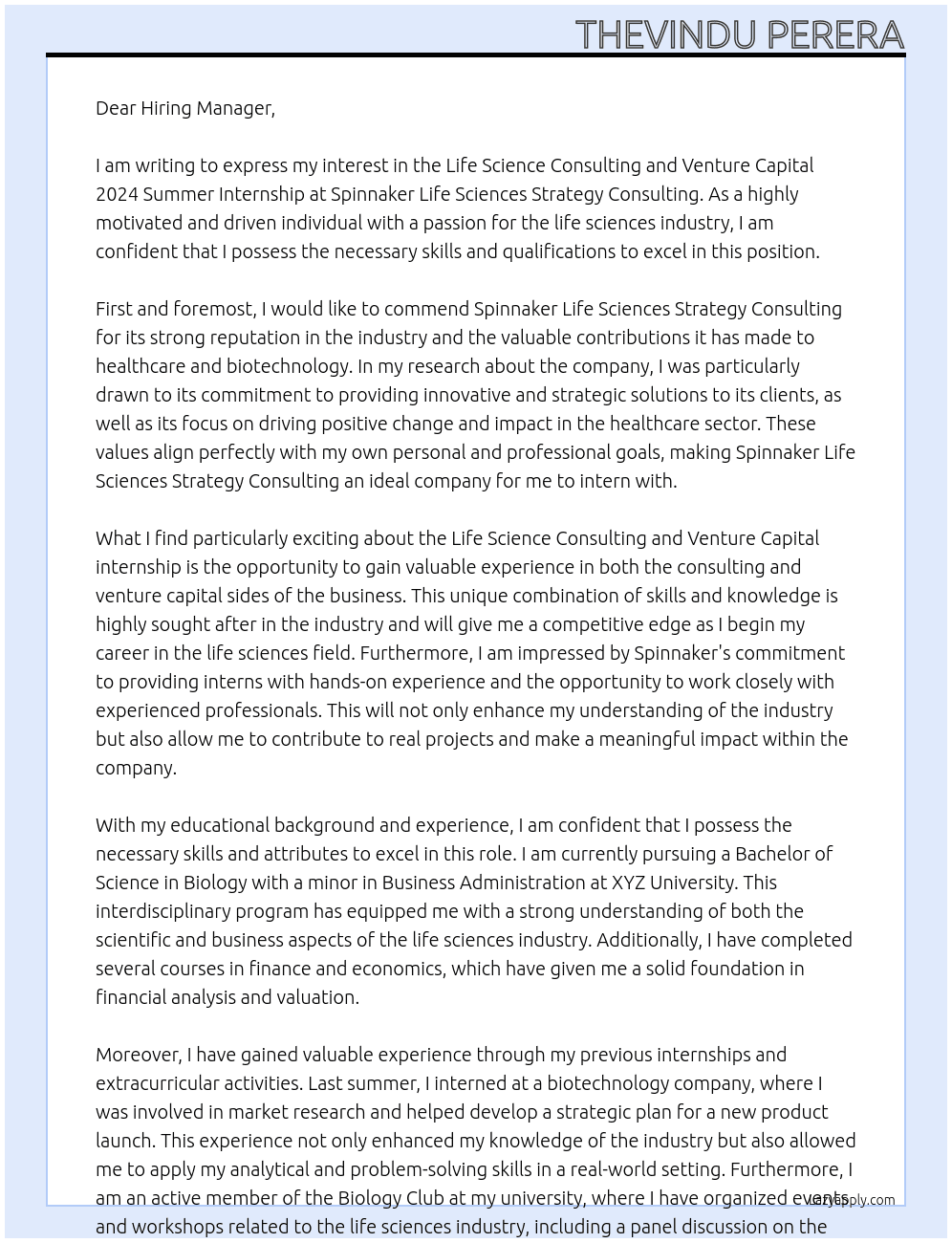 Life Science Consulting and Venture Capital 2024 Summer Internship At Spinnaker Life Sciences Strategy Consulting Cover Letter