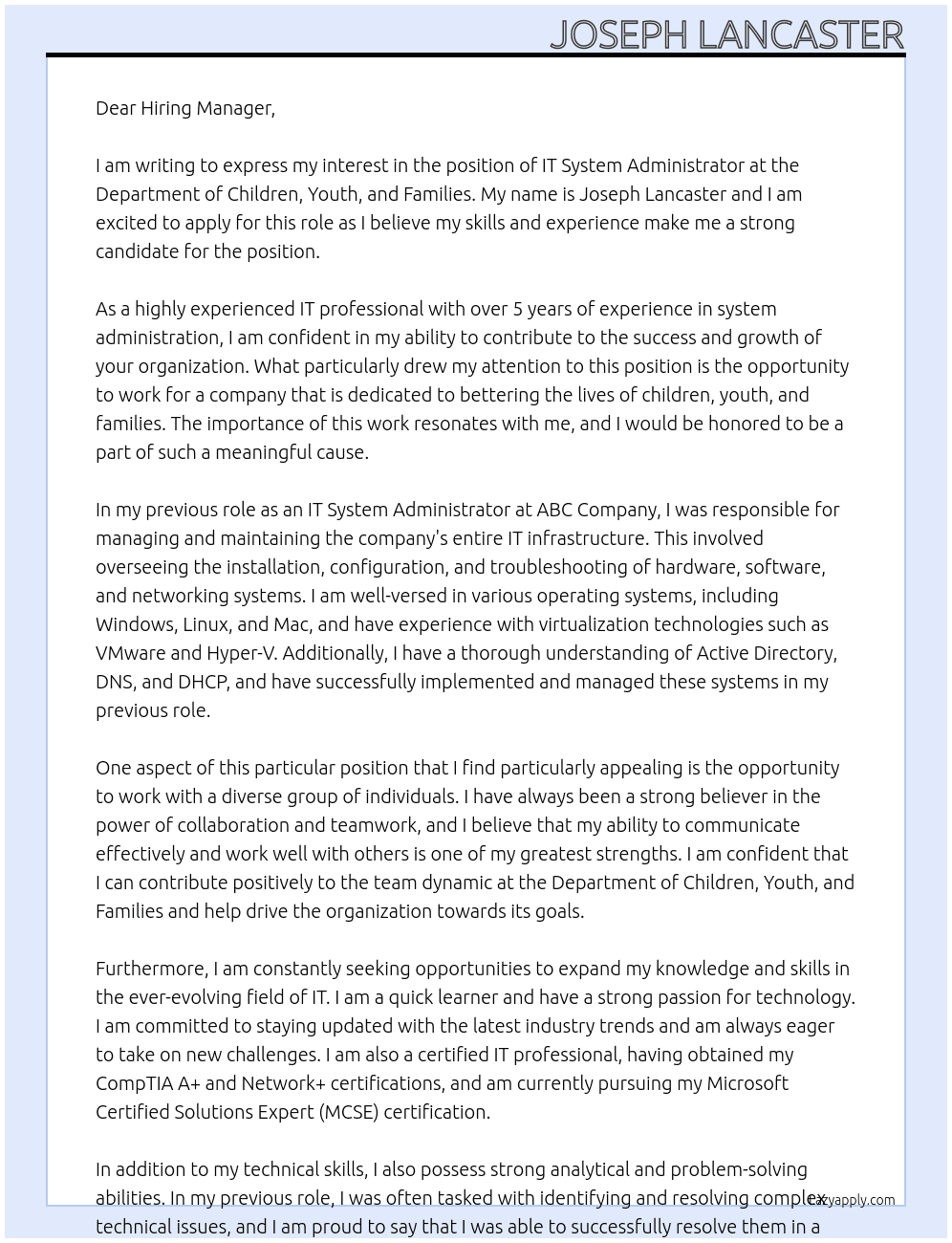 IT System Administrator At Department of Children, Youth, and Families Cover Letter