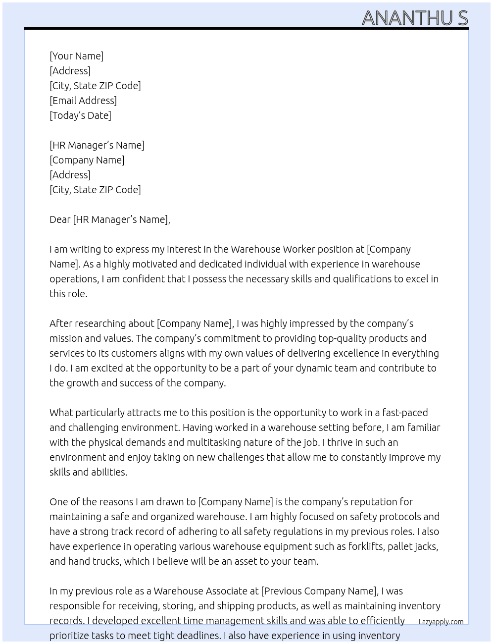 Werehouse worker  At Open Cover Letter