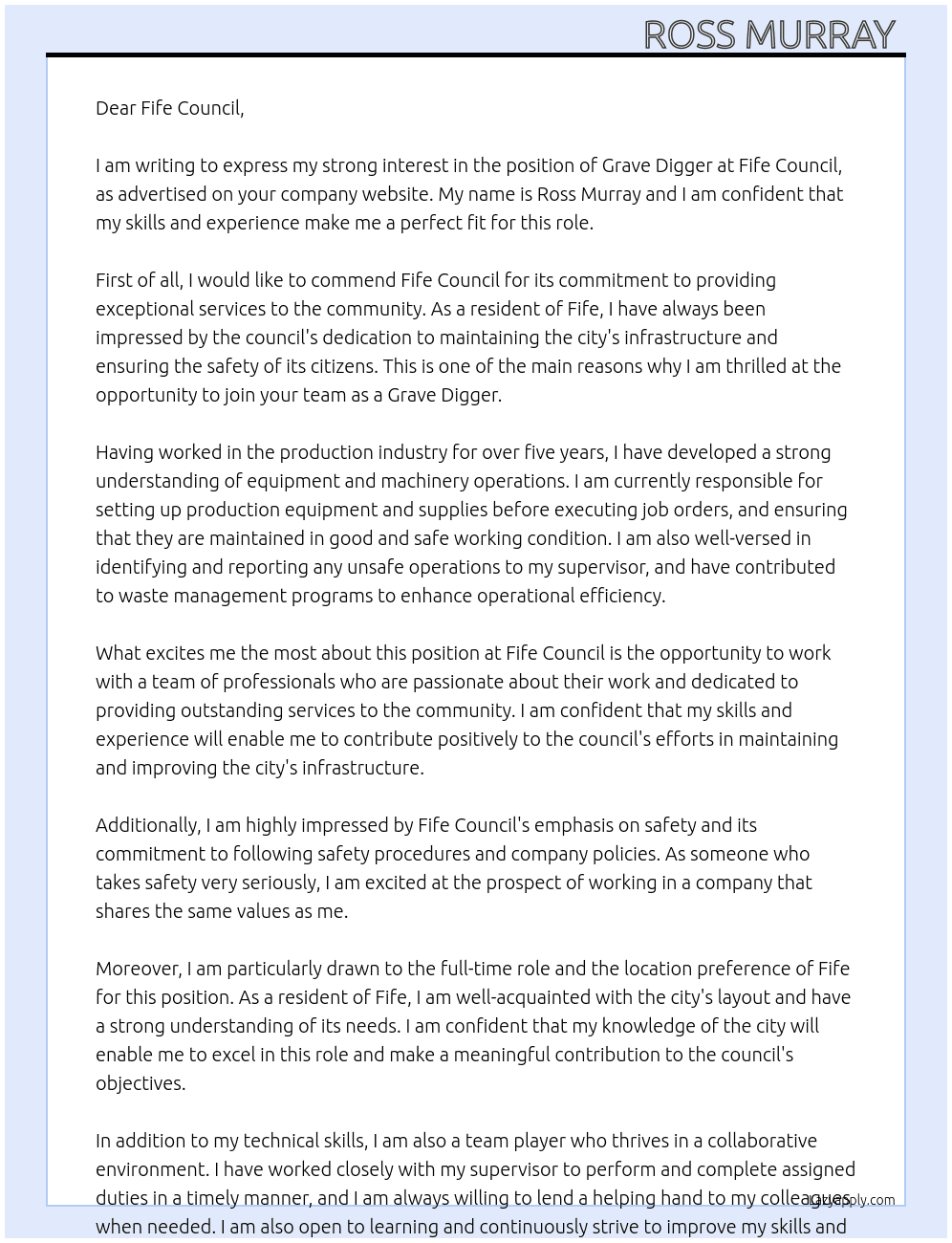 Grave digger  At fife council  Cover Letter
