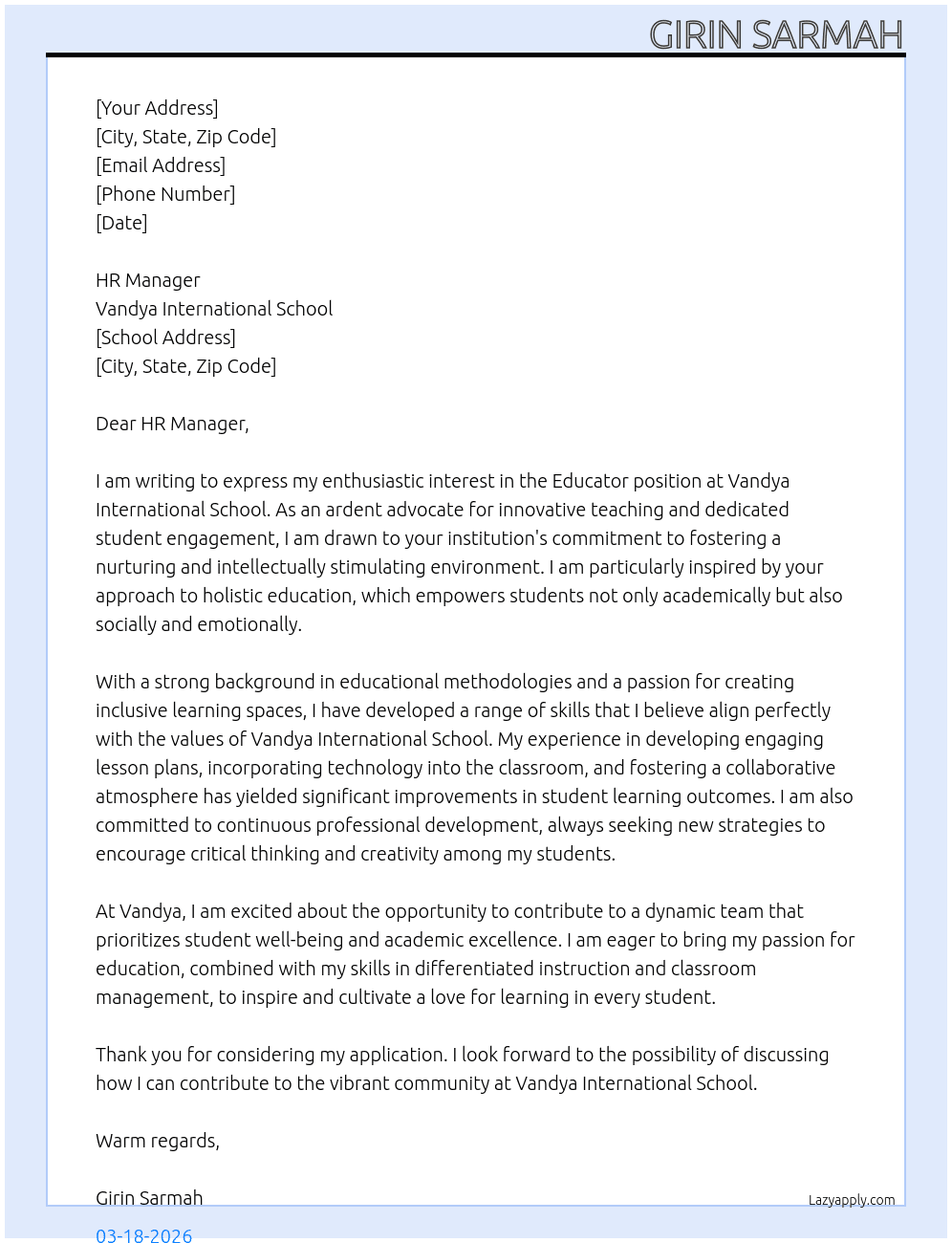 Cover letter for educator - LazyApply