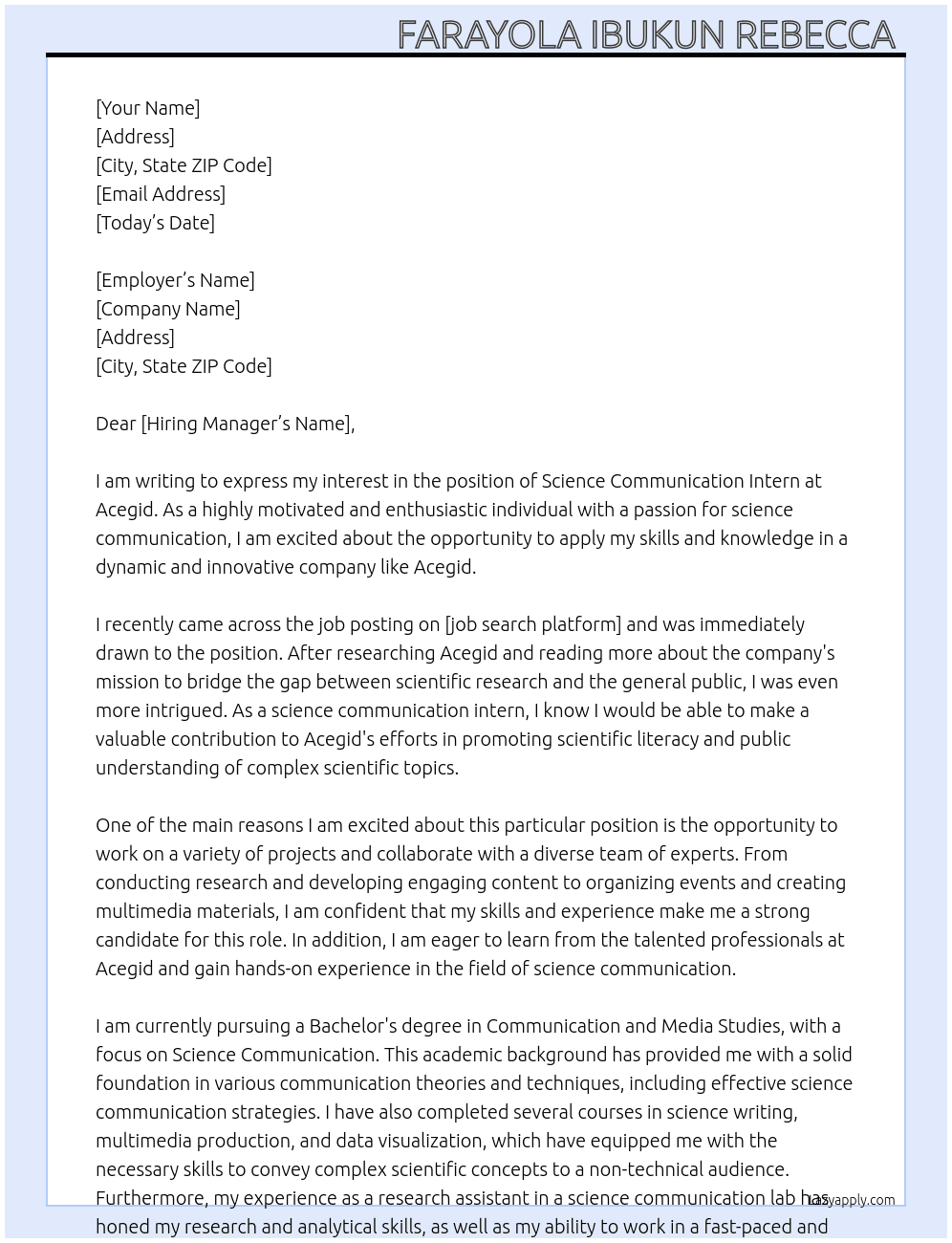 Science communication intern At Acegid  Cover Letter