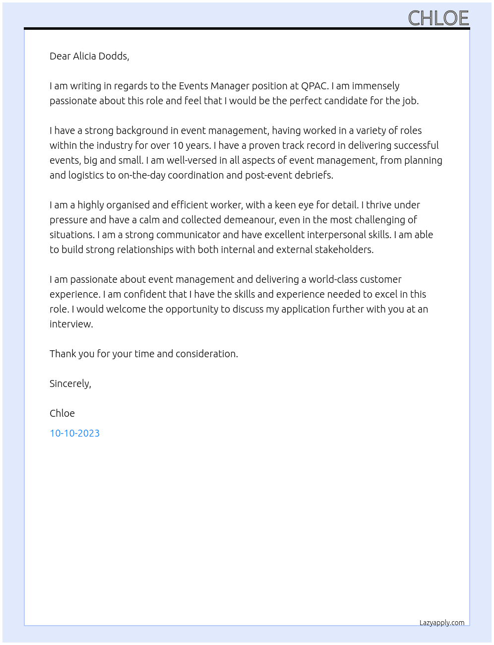 Events Manager At QPAC Cover Letter