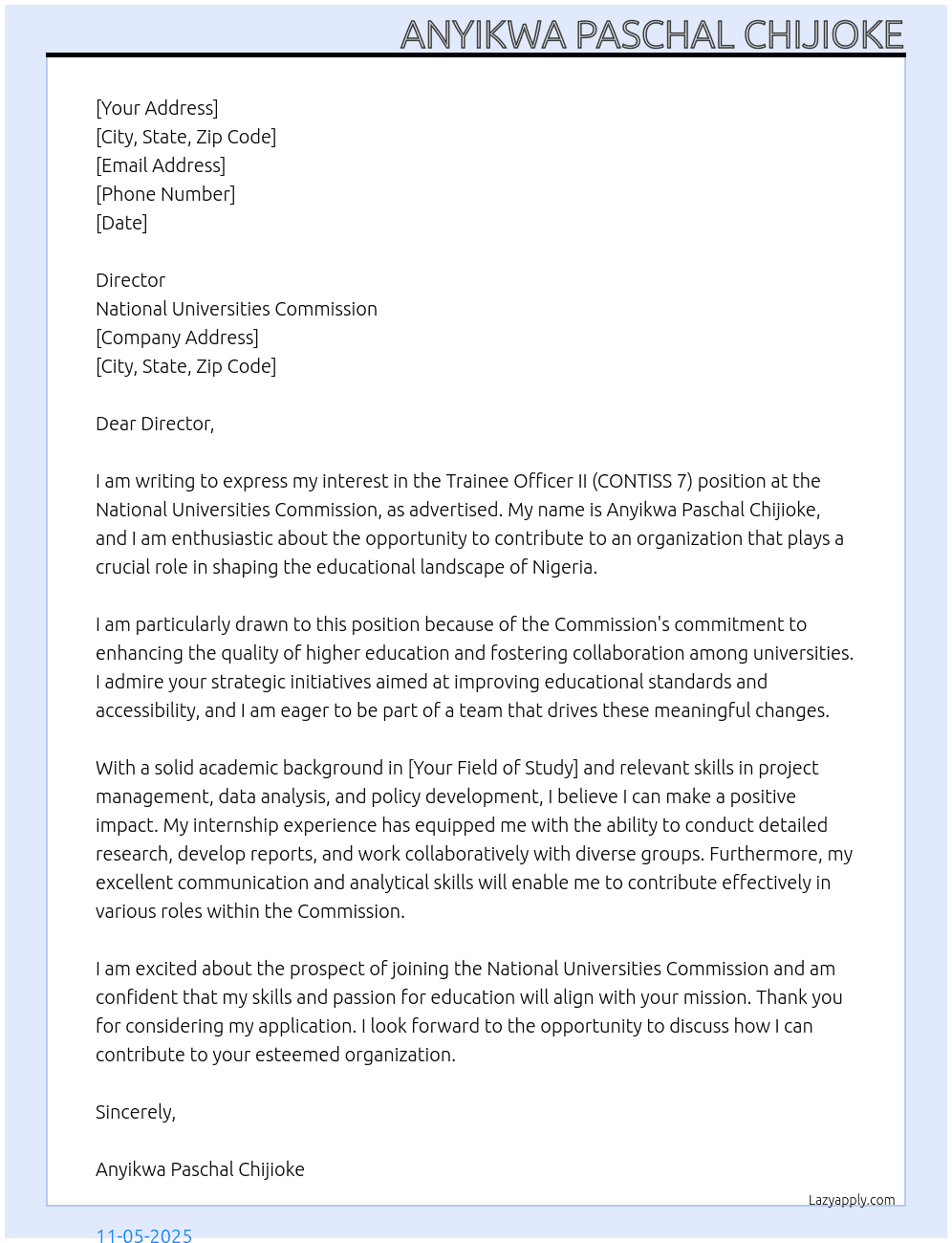 Trainee Officer II (CONTISS 7) At National Univeristies Commision Cover Letter